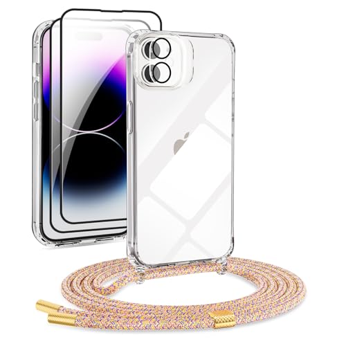 DiDaDi [5 in 1 Handykette Set für iPhone Necklace Hülle mit Bands+Transparent Schutzhülle+2*Schutzfolie+kameraschutz Glas, Schutzhülle zum Umhängen Kordel Case