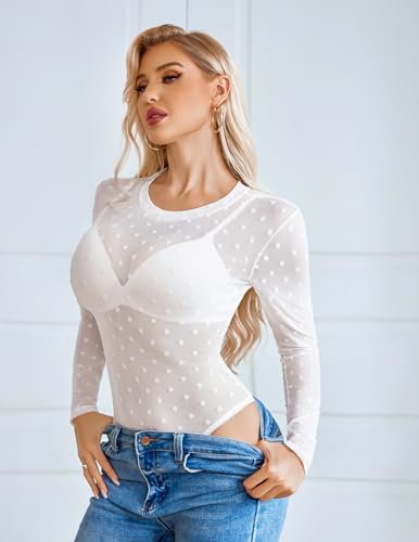 Image of Avidlove Womens Mesh Long Sleeve Bodysuit Round Neck Sheer Leotards Geo Print Bodysuit Top with Snap Crotch