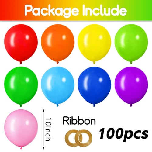 Rainbow Balloons 100 Pack 10 inch Multicoloured Balloons with string Assorted Color Latex Balloon for Kids' Birthday Rainbow Party Decorations Baby Shower Wedding Graduation