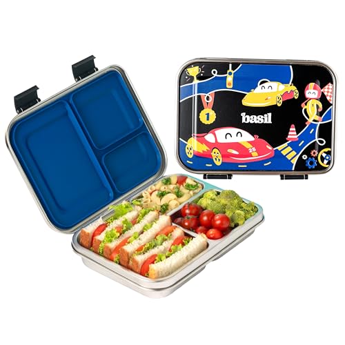 Image of Basil Bento Neo Classic 2025 - New & Improved, 1000ml 3-Compartment Stainless Steel Lunch Box for Adults, Teens & Kids | Leak-Proof & Easy to Open Tiffin for Office, School, College - Black Car