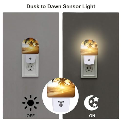 Image of Tropical Ocean Beach Night Light, Palm Trees at Sunset Dusk to Dawn Night Light Plug in,0.5w Energy Saving Sleep Friendly NightLight for Kids Boys Girls Home Decor