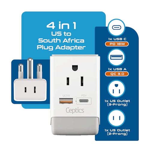 Image of Ceptics South Africa Power Plug Adapter Travel QC 3.0 & PD, Safe Dual USB & USB-C - 2 USA Socket Compact & Powerful - Use in S. Africa Botswana - Type M AP-10L - Fast Charging