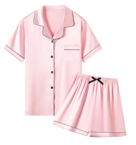 QZH.DUAO ガールズ & レディース 半袖 サテン パジャマ セット シルキー 2ピース 寝間着、3歳 - 2XL, ベビーピンク, Mediumの商品画像（Amazon）