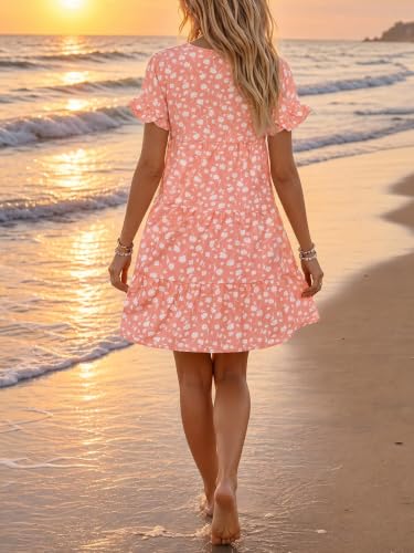 Image of Chuanqi Womens Ruffles Boho Floral Printed Babydoll Loose Swing Casual Short Mini T-Shirt Dress