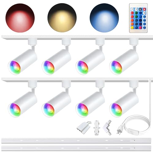 Bravsekai GU10 16-Color RGB Track Lighting Kit, 8-Pack Colour-Changing Spotlights with 2x3.28FT H-Rail, IR Remote RGB Track Lights for Living Room, Home Parties, Nightclubs, Bars