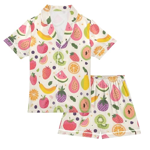 ALAZA Watermelon Strawberry Banana Pajamas Satin Pajama Set Short Sleeve Button Down Sleepwear