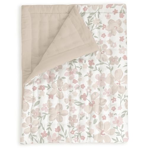 Image of MakeMake Organics Organic Twin Comforter GOTS Certified Organic Kids Blanket Cotton Infill Tufted - Reversible Ultra Soft Breathable Boys Girls (68 inchx88 inch, Blossom + Solid Taupe)