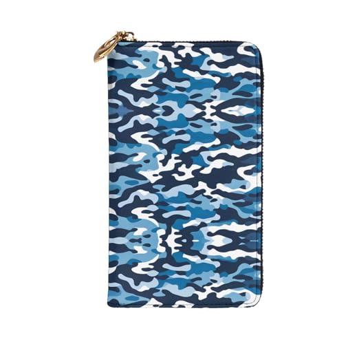 Leather Wallet 7.48 x 4.13 in - Stylish and Durable Wallet for Women with Multiple Compartments and Zipper Design Blue Camo Pattern2