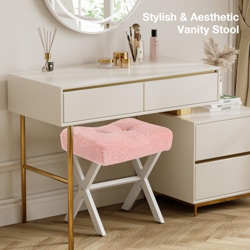 Image of Memobarco 18-Inch Vanity Stool Chair, Vanity Bench with Metal X-Legs, Ottoman Accent Stool with Breathable and Soft Boucle Fabric Saddle Seat, Pink