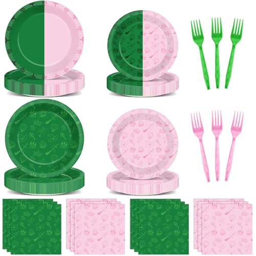 MinFyberd 96 Pcs Pink and Green Party Decorations Witch and Princess Tableware Set Princess Crown Witch Hat Party Supplies Pink and Green Witches Plates Napkin and Fork for Birthday Severs 24
