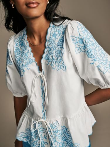 Women Tie Front Blouse Floral Embroidered Shirt Summer Tie Front Short Top Puff Sleeve Babydoll Peplum Ruffle Hem2