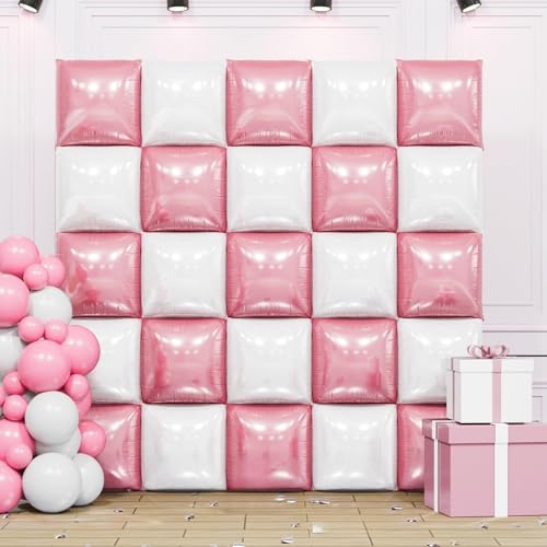 Image of Pearl Pink and White Double Sided Square Foil Balloons Wall,19 Inches Chrome Foil Balloons Tunnel Arch Kit for Girls Bachelorette,Anniversary,Wedding,Valentines Day Decorations