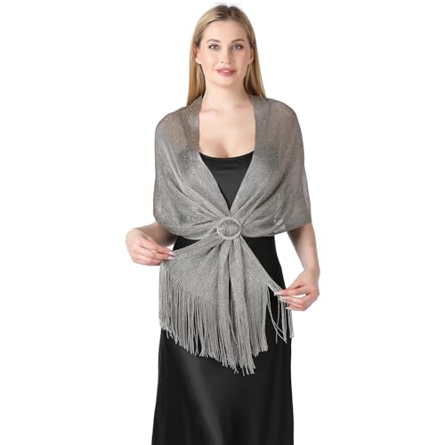 Image of Stoles for Evening Dress with Buckle, Fringes - Polyester Blend, Shimmer Stole Wraps for Weddings, Party | Women's Clothing