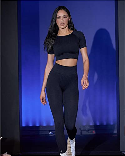 Iwemek Women Zebra Print Seamless Yoga Workout Sets Ruched High Waist Leggings Short Sleeve Crop Top 2 Piece Gym Sets Tracksuit Leggings Black Large #TOP1