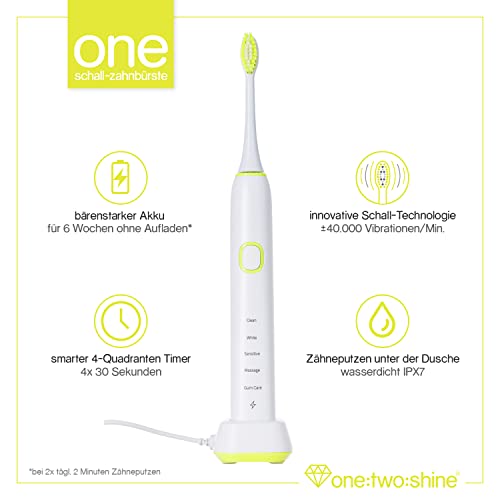ONE:TWO:SHINE Doppelpack | Schallzahnbürste ONE | 2 elektrische Zahnbürsten mit 8 Aufsteckbürsten + 2 Zungenreinigern + 2 Reise-Etuis + 2 Ladestationen + 2 Netzteilen | lange Akkulaufzeit (Lime-Green) – Bild 4