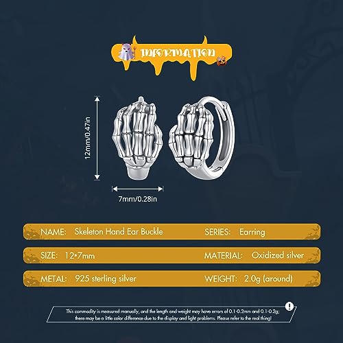 Gothic Skeleton Hand Small Hoop Earrings for Women Cartilage 925 Sterling Silver Halloween Skull Huggie Hoops Earring Hypoallergenic Sleeper Wrap Cuffs Punk Jewelry Gifts2