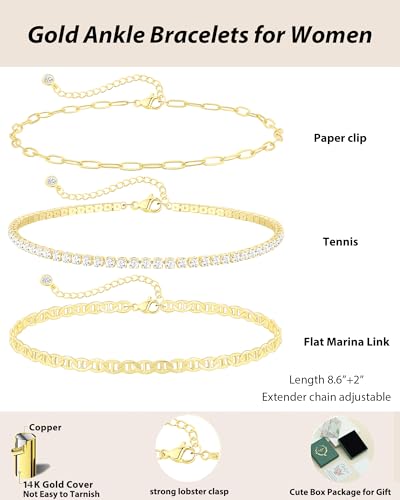 Image of ZHESHY Gold Silver Ankle Bracelets for Women 14K Gold Plated Anklets for Women Waterproof Cuban Link Heart Chain Anklets Set Non Tarnish Dainty Layered Anklet Bracelets for Women Summer Beach Jewelry