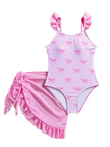 Floerns Girl's One Piece Swimsuit Cute Bow Striped Print Bating Suit with Beach Cover Up Skirt