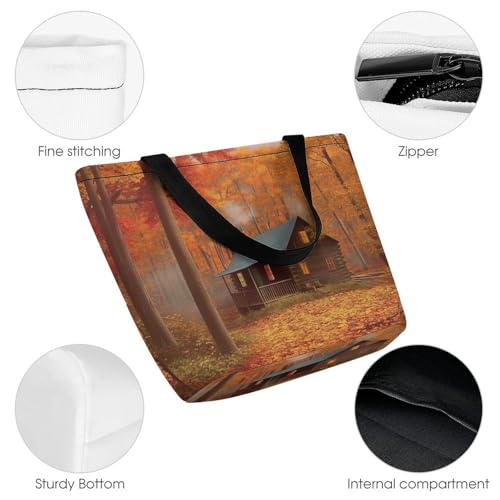 Women Tote Bags with Handles Autumn Woods Cabin Shoulder Bag with Zipper Handbags Shopping Bags Travel Bag Beach Bag Reusable Grocery Bag for Swim Holiday Gift3
