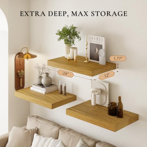 Image of 24 inch Extra Deep Floating Shelves, Set of 3, Natural Wood | 24 inchL x 12 inchD x 1.8 inchH, Set of 3, Solid Paulownia Wood, Natural Finish, Hidden Brackets, Hardware Included