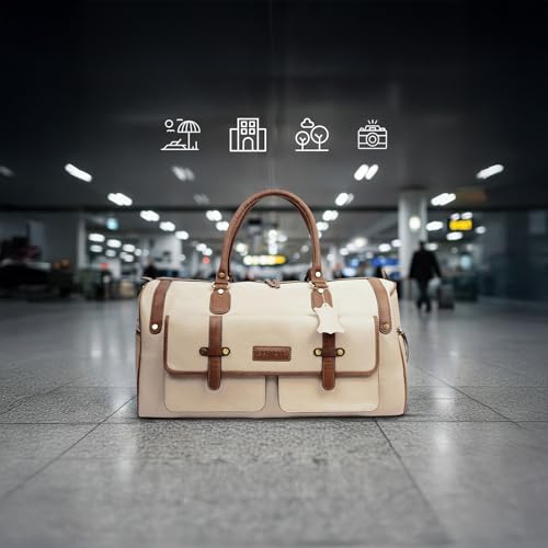Image of Premium Leather Duffle Bag for Men & Women | Genuine Leather Travel, Gym & Office Bag | Stylish Handcarry & Sling Weekend Cabin Luggage Bag | Cream