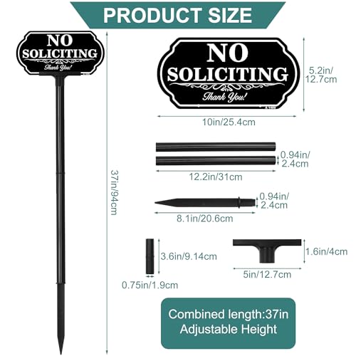 Image of No Soliciting Sign for House, 10 x 5 Inch Aluminum No Soliciting Yard Sign with 37 Inch Adjustable Plastic Stake, Weatherproof Outdoor No Solicitors Sign for Front Yard, Doorway, Lawn, Home