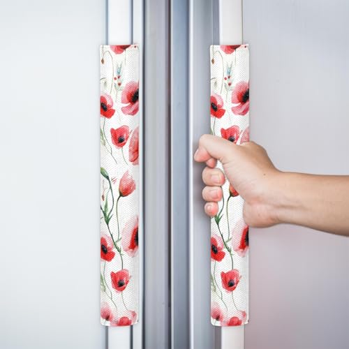Image of Pardick Refrigerator Door Handle Covers Set of 2, Red Flower Fridge Handle Cover Washable Fridge Dishwasher Oven Door Decor Protector Handle Cover, Keep Your Kitchen Appliance Clean