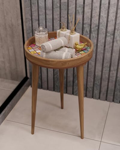Image of Blink & Buy Handcrafted Epoxy Resin & Solid Mango Wood Bedside Table | Compact 21-Inch End Table Wooden Table with 3 Legs | Tray Stool | Sofa Side Table | Coffee Table (Multicolor, 14x21 Inches)