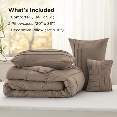 Image of Bedsure California King Comforter Set - 4 Pieces Pinch Pleat Bed Set, Brown Boho Bedding for All Season, 1 Soft Comforter, 2 Pillowcases, 1 Decorative Pillow