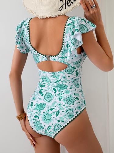 Image of Aidonger Women's One Piece Ruffle Swimsuit Tummy Control Bathing Suit V Neck Shell Stitched Swim Suit Slimming Swimwear