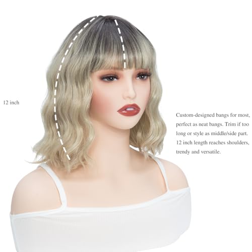 BUYOGET Wavy Bob Wig with Bangs Synthetic Hair Shoulder Length 12 Inch Short Curly Wigs for Women Ombre Blonde - Image 3