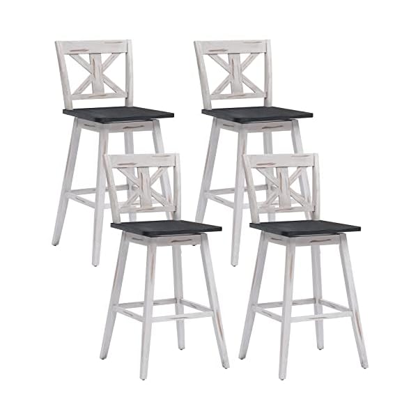 COSTWAY Bar Stools Set of 4, 360 Degree Swivel, 29-inch Height Chairs w/ Non-Slip Foot Pads, Rubber Wood Bar Chairs, Vintage Bar Stools for Home, Restaurant (White)