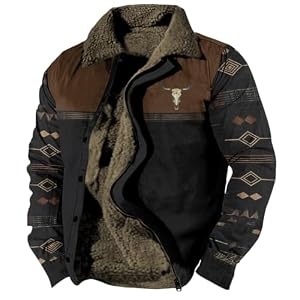 DMOYALA Western Aztec Jackets for Men Fleece Cowboy Shirt Jackets Cow Skull Graphic Coats Long Sleeve Jackets with Pocket