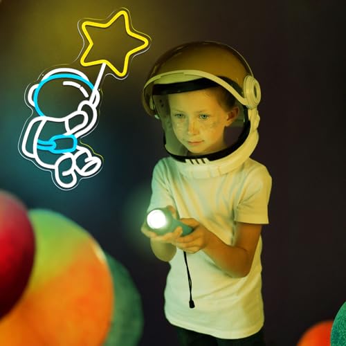 Image of Astronaut Star Neon Sign Spaceman LED Neon Light for Wall Decor Dimmable Astronaut Holding Stars Signs Lights Space Decor for Boys Christmas Gift, Kids, Game Room, Man Cave