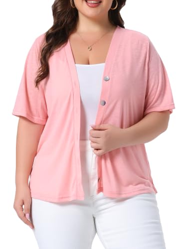 Image of Agnes Orinda Plus Size Cardigan for Women Button Down Sheer Round Neck Short Sleeve Knitted Sweater