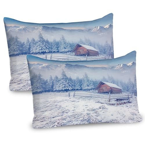 Ambesonne Winter Pillow Sham Set of 2, Old Farmhouse in Snow Mountains and Frosted Forest Rustic Life Photography, Quality Microfiber Bedding Item for All Seasons, 26
