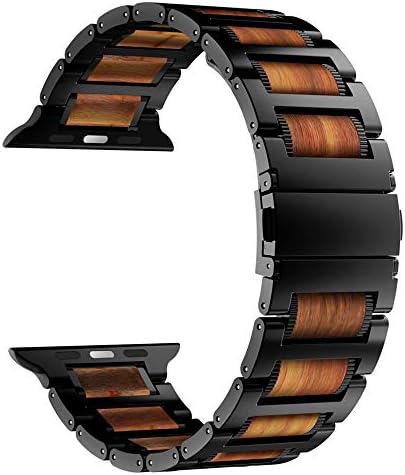 iiteeology Compatible with Apple Watch Band 49mm 45mm 44mm 42mm, Natural Wooden Stainless Steel Link Bracelet Strap for Apple Watch Ultra & SE Series 8 7 6 Series 5 4 3 2 1 - Black