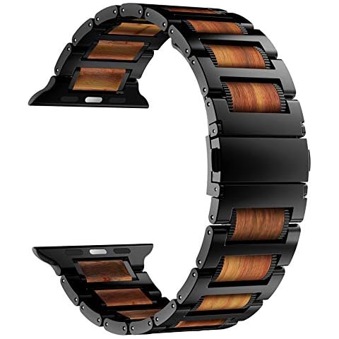 iiteeology Compatible with Apple Watch Band, Natural Wooden Steel Link Bracelet for iWatch Ultra 2/ Ultra/Series 1-10 49mm 46mm 45mm 44mm 42mm - Black Cover