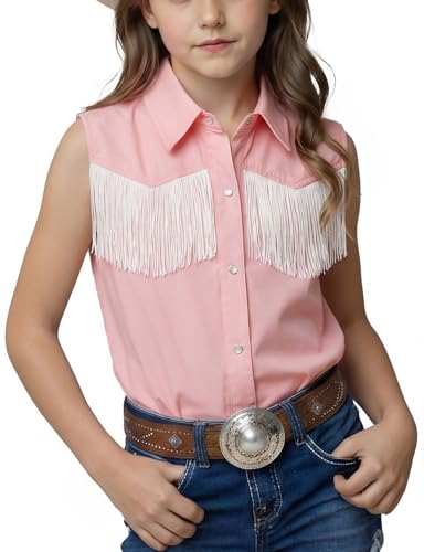 Noomelfish Girls Fringe Western Shirt Pearl Snap Button Down Cowgirl Outfits Sleeveless Blouse Tops Pink Size 9-10 Years