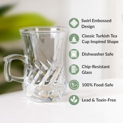 Image of Nestasia Set of 6 Transparent Glass Tea Cups (150ml Each) - Swirl Embossed Durable & 100% Food-Safe Coffee Mugs | Perfect for Coffee, Tea, Hot & Cold Beverages