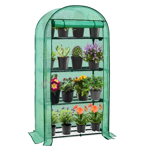 Image of EAGLE PEAK 4-Tier Mini Greenhouse Portable Green House with Shelves & Weather-Resistant PE Cover, Small Greenhouse for Seedlings & Gardening Gifts, 32x18x63 in, Clear /Green