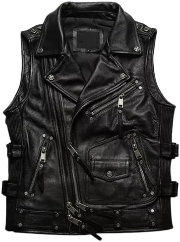 Men’s Military & Biker Style Black Leather Vest Tactical Multi-Pocket Design for Armed Forces & Riders