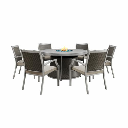 Kinger Home Ashton 7-Piece Outdoor Dining Table Set with Fire Pit, Patio Chairs Set of 6 with Cushions, 52' Propane Firepit for Outside, Ratten Wicker, Aluminum Frame