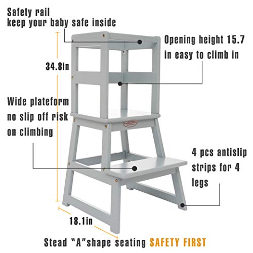 SDADI Kids Kitchen Step Stool with Safety Rail - for Toddlers 18 Months and Older, Gray LT01G