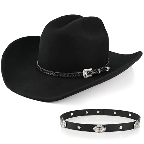 Foeran 100% Wool Western Cowboy Hat For Men Women Classic Fedora Hat Felt Cowgirls Hats With Two Decorative Bands cover
