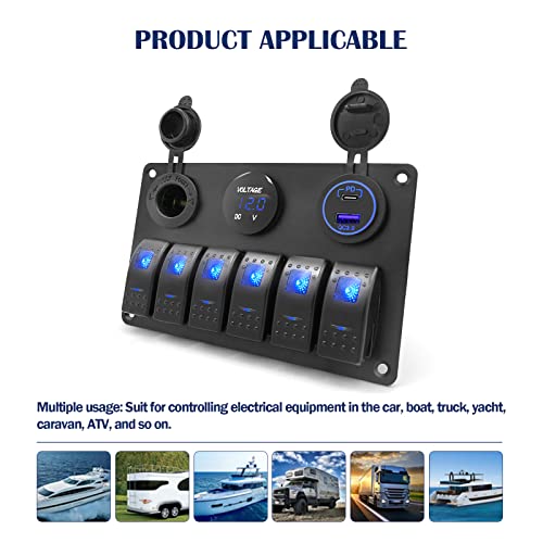 Thalassa 6 Gang Marine Boat Rocker Switch Aluminum Panel Waterproof With Blue Digital Voltage Display, Dual Pd +Qc3.0 Usb Outlet, 12V Dc Cigarette Lighter Port For Car Truck Rv Vehicles Yacht #TOP7