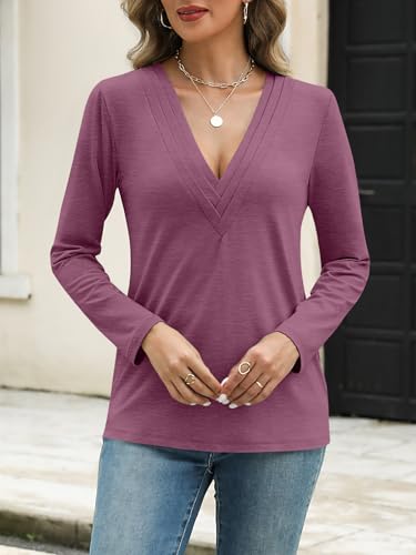 EasyGala Womens Deep V Neck Long Sleeve Shirts Pleated Dressy Casual Tops Sexy Loose Fit T Shirt Wine Red XX-Large — view 4