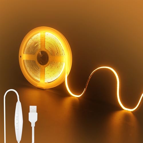 Clearhill Bande LED COB USB 5V avec interrupteur dimmable,16,4pieds/5m,Orange,320LED/m,largeur 8mm,non étanche IP20,câble USB avec interrupteur 1,5m,pour...