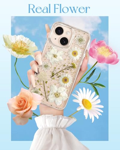 Loheckle for iPhone 15 Case for Women - Girls Cute Glitter Dried Flower Floral Girly Aesthetic Kawaii Sparkle Sparkly Glittery Bling Unique Design Handmade Phone Cover for Apple 15 6.1", White - image 3