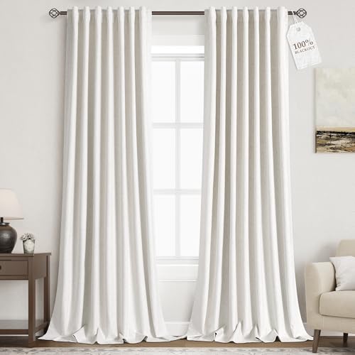 Image of Nanspring Linen 100% Blackout Floor to Ceiling Extra Long Curtains 96 Inches Long for Bedroom 8ft Back Tab Cream Farmhouse Decor Black Out Curtain for Living Room Ivory Natural Drapes 52x96, 2 Panels